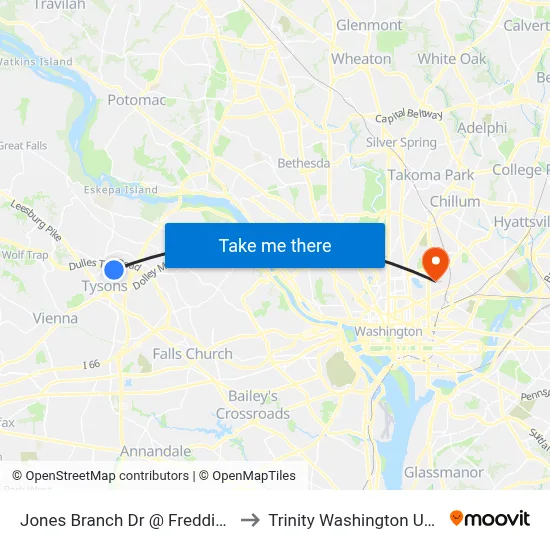 Jones Branch Dr @ Freddie Mac Ctr to Trinity Washington University map