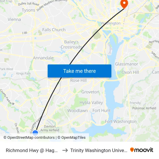 Richmond Hwy @ Hagel Cir to Trinity Washington University map