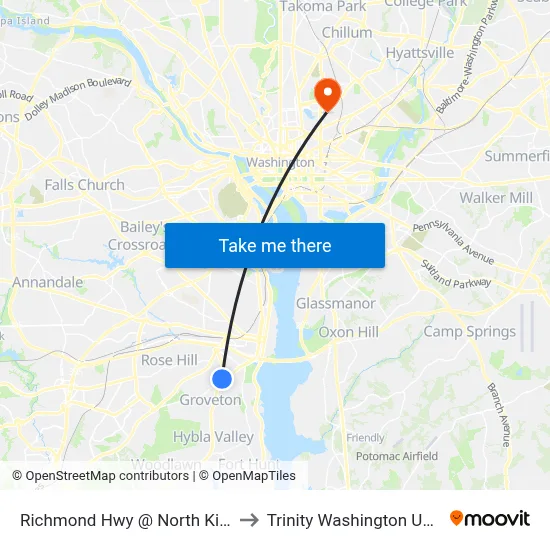 Richmond Hwy @ North Kings Hwy to Trinity Washington University map