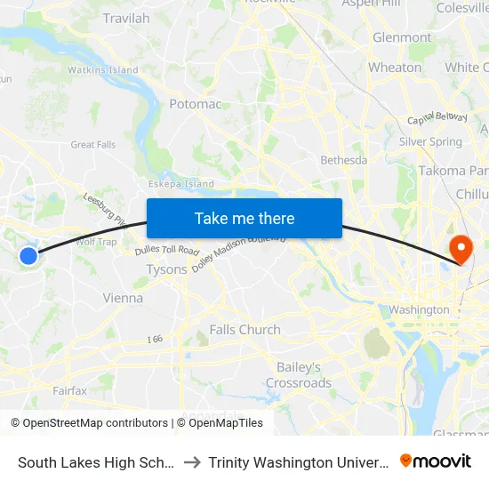 South Lakes High School to Trinity Washington University map