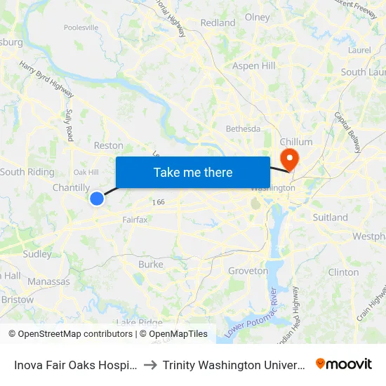 Inova Fair Oaks Hospital to Trinity Washington University map