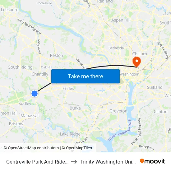 Centreville Park And Ride Bay A to Trinity Washington University map