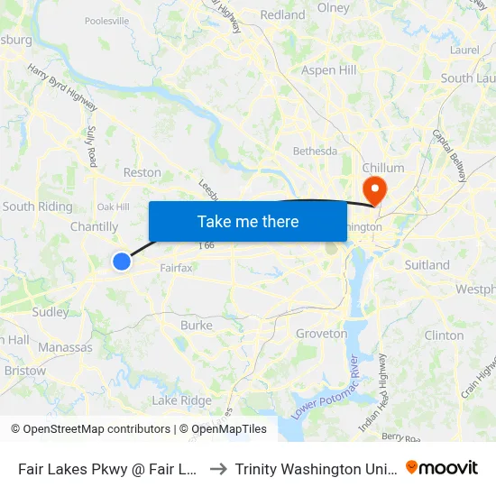 Fair Lakes Pkwy @ Fair Lakes Cir to Trinity Washington University map