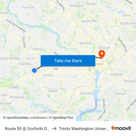 Route 50 @ Dorforth Dr W to Trinity Washington University map