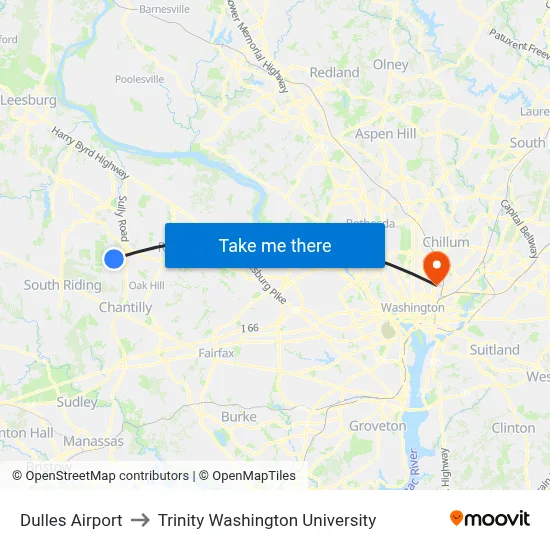 Dulles Airport to Trinity Washington University map