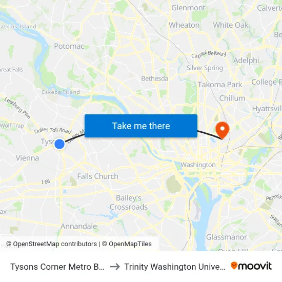 Tysons Corner Metro Bay B to Trinity Washington University map