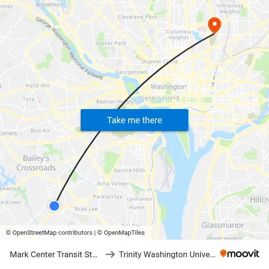 Mark Center Transit Station to Trinity Washington University map