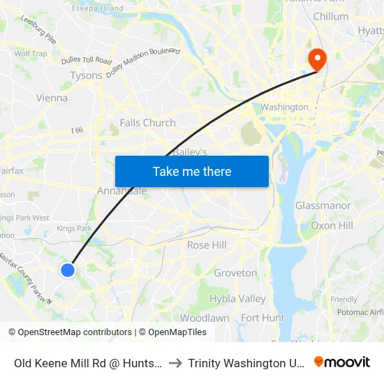 Old Keene Mill Rd @ Huntsman Blvd to Trinity Washington University map