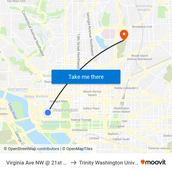 Virginia Ave NW @ 21st St NW to Trinity Washington University map