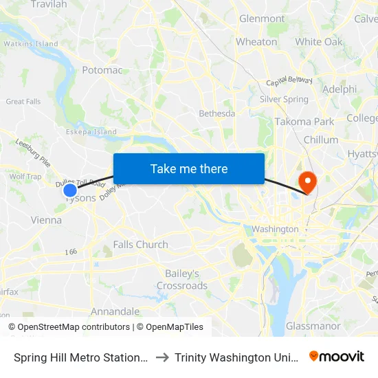 Spring Hill Metro Station Bay C to Trinity Washington University map