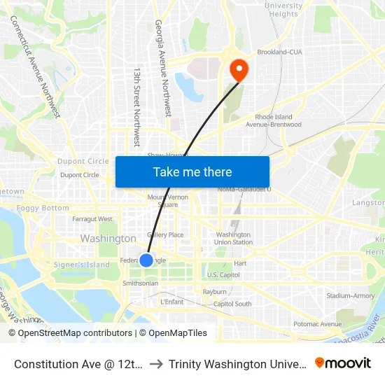 Constitution Ave @ 12th St to Trinity Washington University map