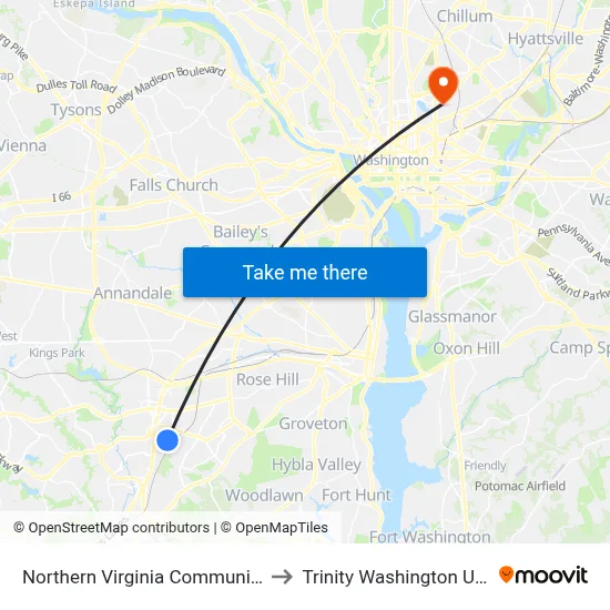Northern Virginia Community College to Trinity Washington University map