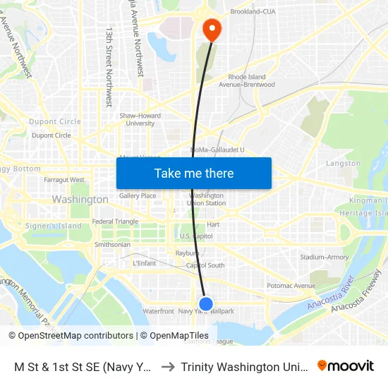 M St & 1st St SE (Navy Yard) Sb to Trinity Washington University map