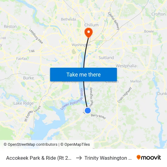 Accokeek Park & Ride (Rt 210 & Rt 373) to Trinity Washington University map