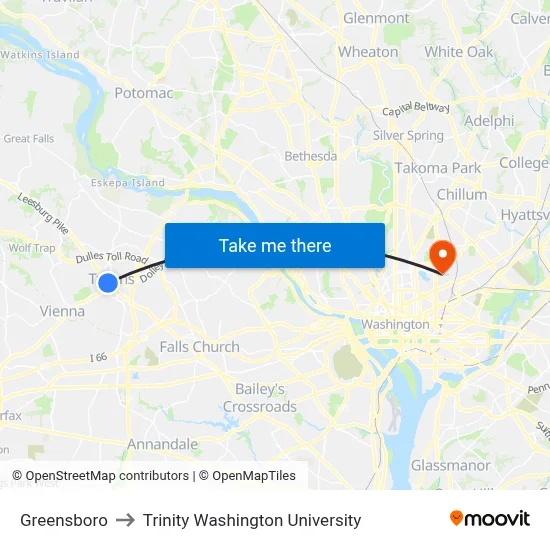 Greensboro to Trinity Washington University map