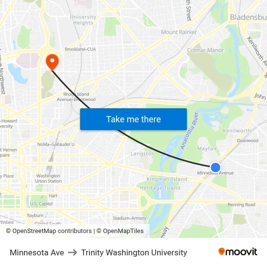 Minnesota Ave to Trinity Washington University map