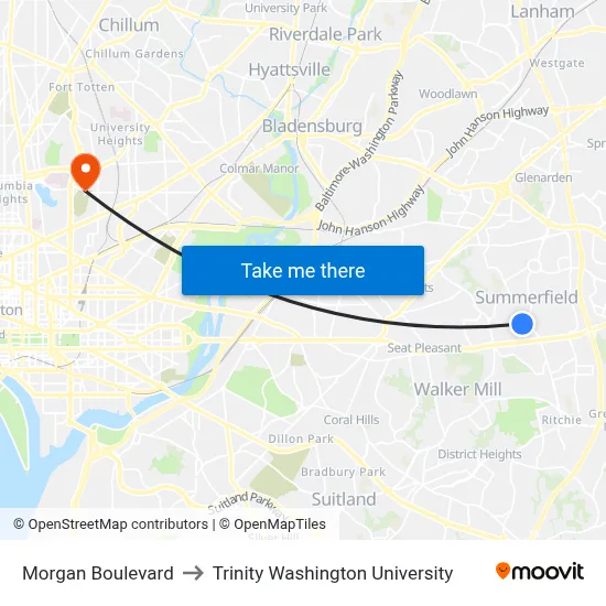 Morgan Boulevard to Trinity Washington University map
