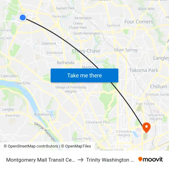 Montgomery Mall Transit Center & Bay B to Trinity Washington University map