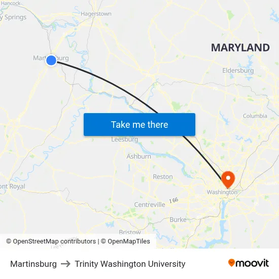Martinsburg to Trinity Washington University map
