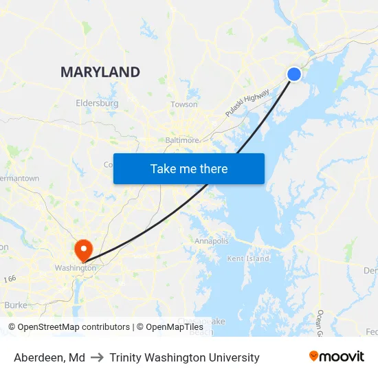Aberdeen, Md to Trinity Washington University map
