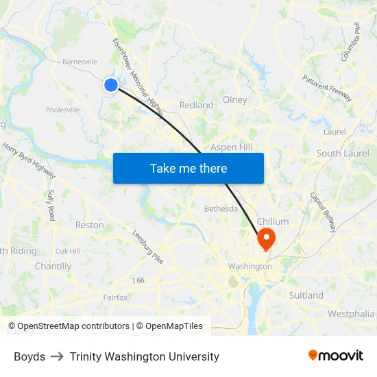 Boyds to Trinity Washington University map