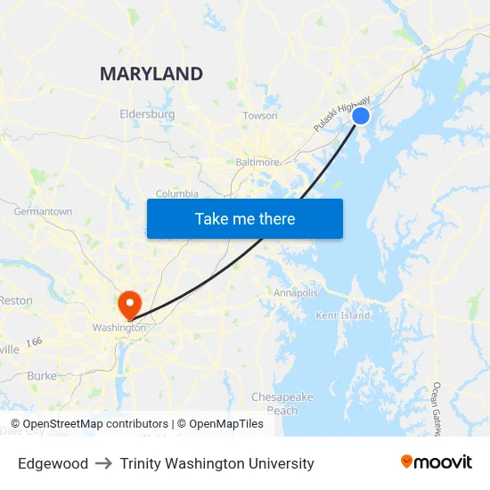 Edgewood to Trinity Washington University map