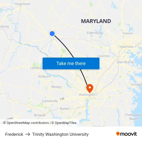 Frederick to Trinity Washington University map