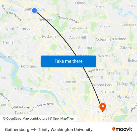 Gaithersburg to Trinity Washington University map
