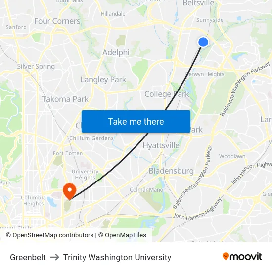 Greenbelt to Trinity Washington University map