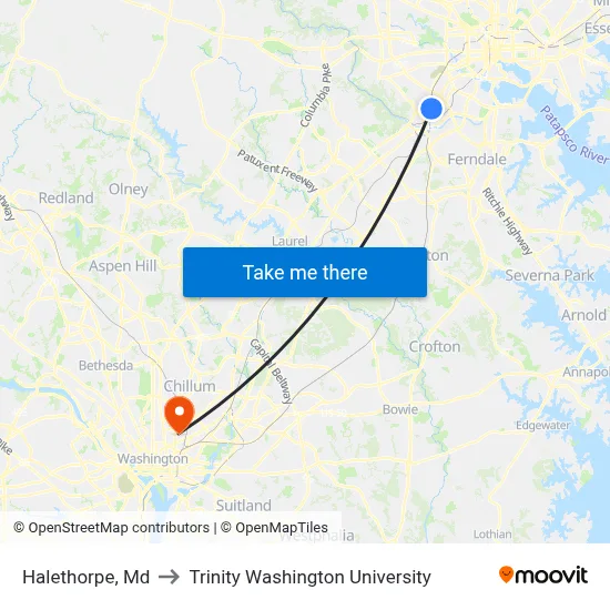 Halethorpe, Md to Trinity Washington University map