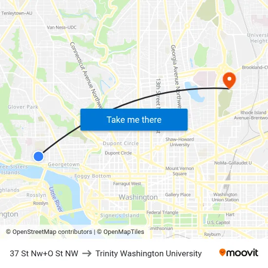 37 St Nw+O St NW to Trinity Washington University map