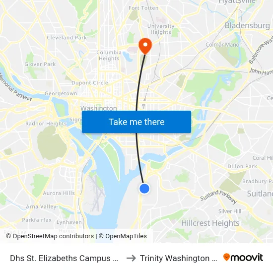 Dhs St. Elizabeths Campus Visitor Center to Trinity Washington University map