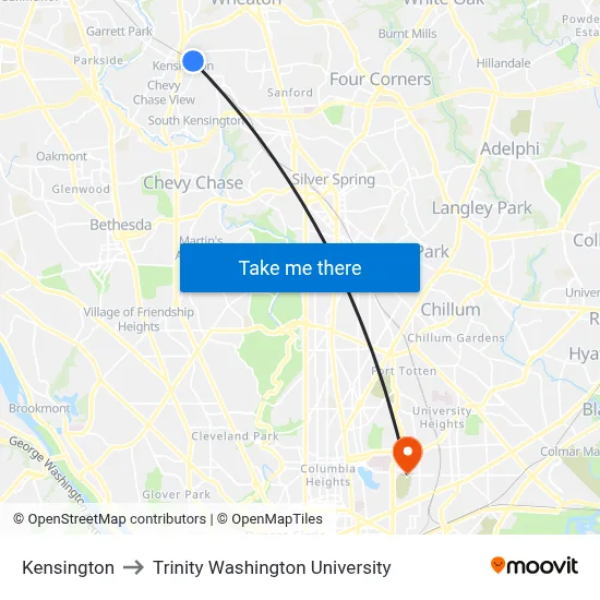 Kensington to Trinity Washington University map