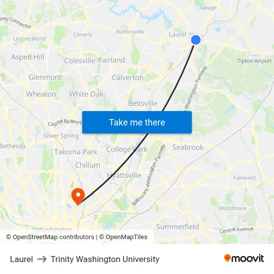 Laurel to Trinity Washington University map