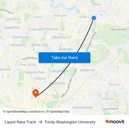 Laurel Race Track to Trinity Washington University map