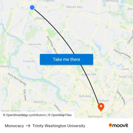 Monocacy to Trinity Washington University map