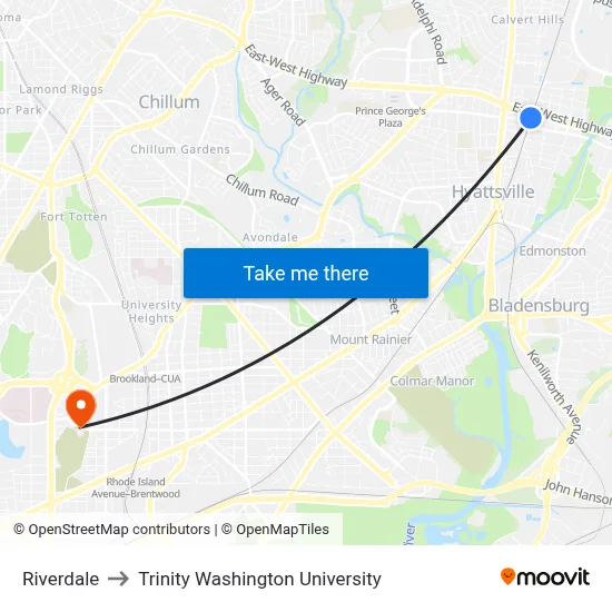 Riverdale to Trinity Washington University map