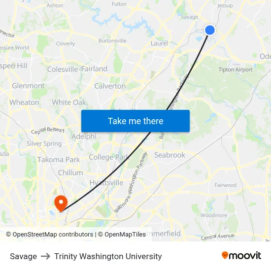 Savage to Trinity Washington University map