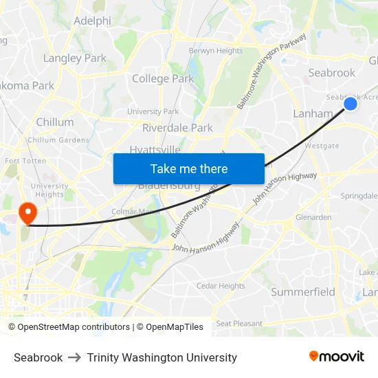 Seabrook to Trinity Washington University map
