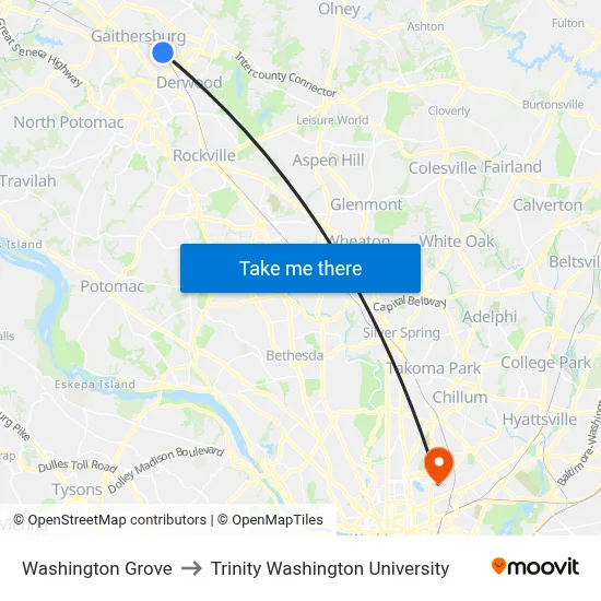 Washington Grove to Trinity Washington University map