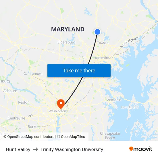 Hunt Valley to Trinity Washington University map