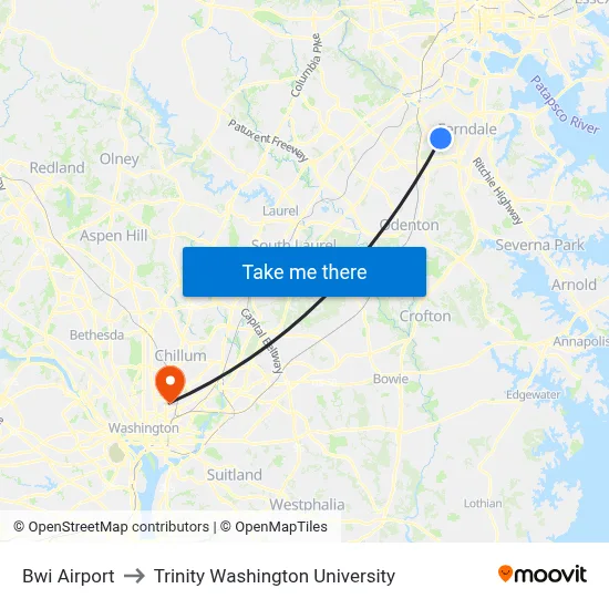 Bwi Airport to Trinity Washington University map