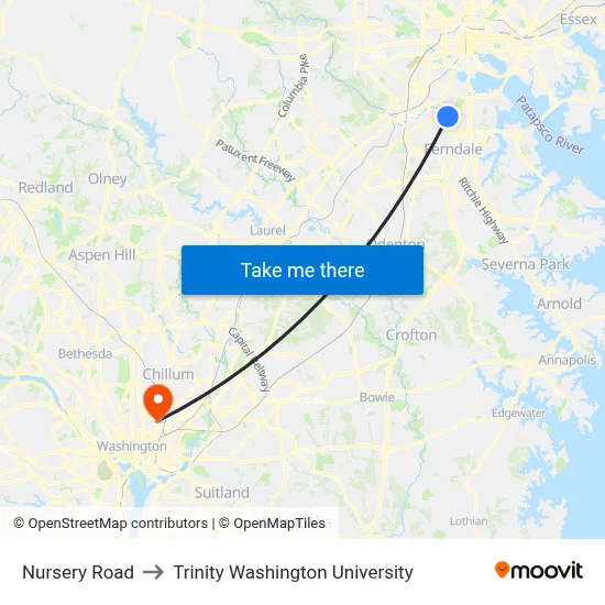 Nursery Road to Trinity Washington University map