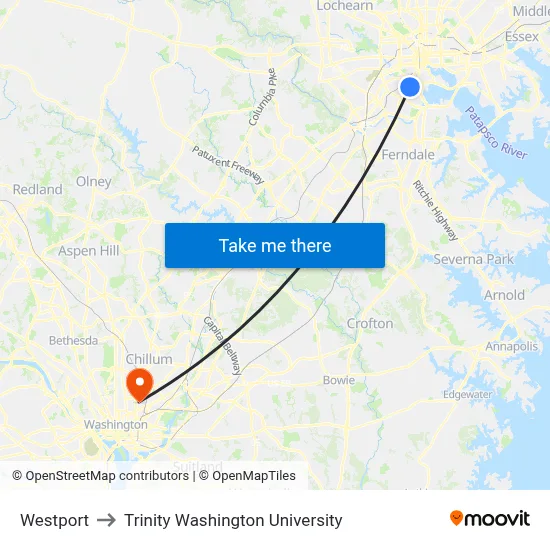 Westport to Trinity Washington University map