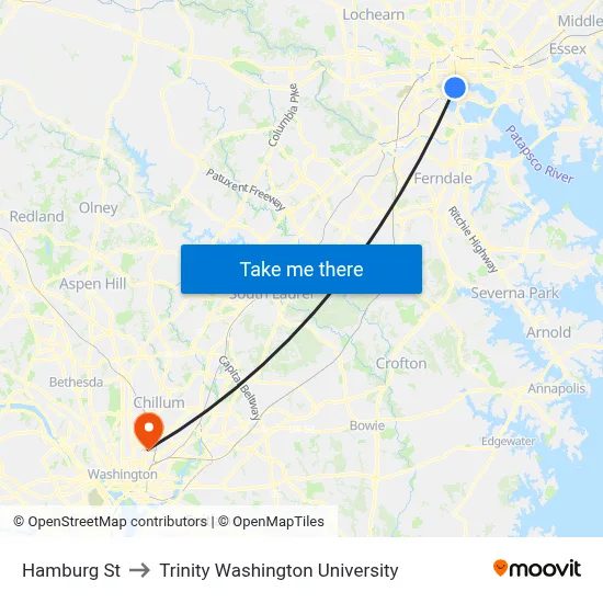 Hamburg St to Trinity Washington University map