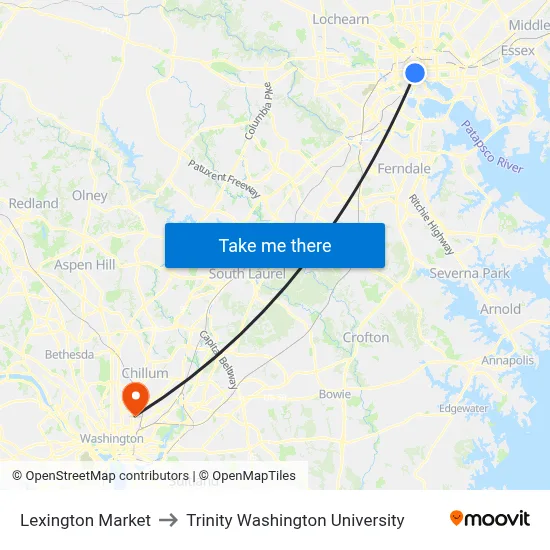 Lexington Market to Trinity Washington University map
