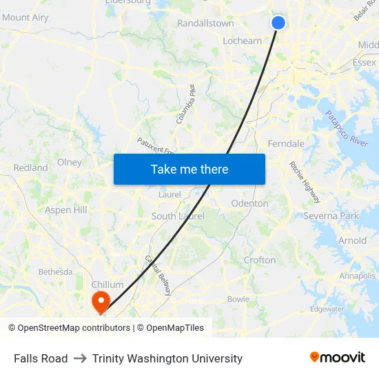 Falls Road to Trinity Washington University map