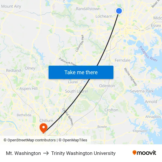 Mt. Washington to Trinity Washington University map