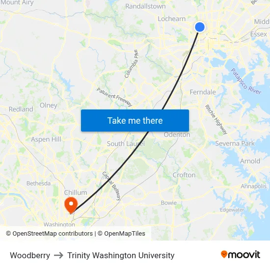 Woodberry to Trinity Washington University map