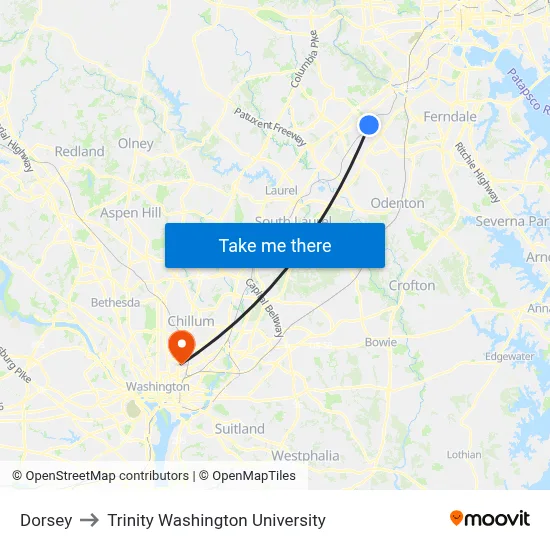Dorsey to Trinity Washington University map